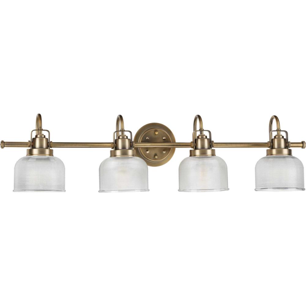 Archie Collection Four-Light Vintage Brass Clear Double Prismatic Glass Coastal Bath Vanity Light