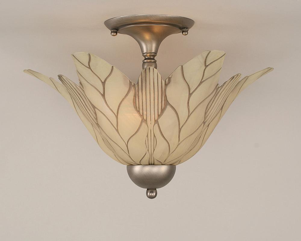 Two Light Brushed Nickel Vanilla Leaf Glass Bowl Semi-Flush Mount