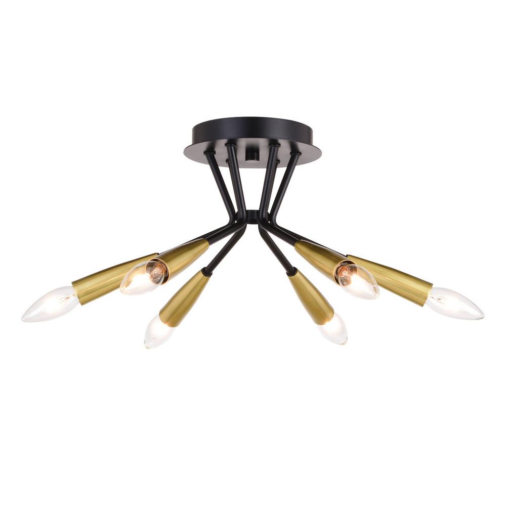 Ellis 16.25-in. 6 Light Semi-Flush Mount Matte Black and Satin Brass