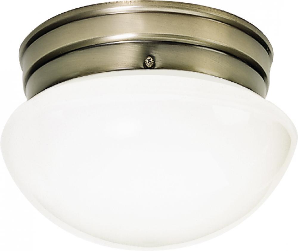 1 Light - 8" Flush with White Glass - Antique Brass Finish